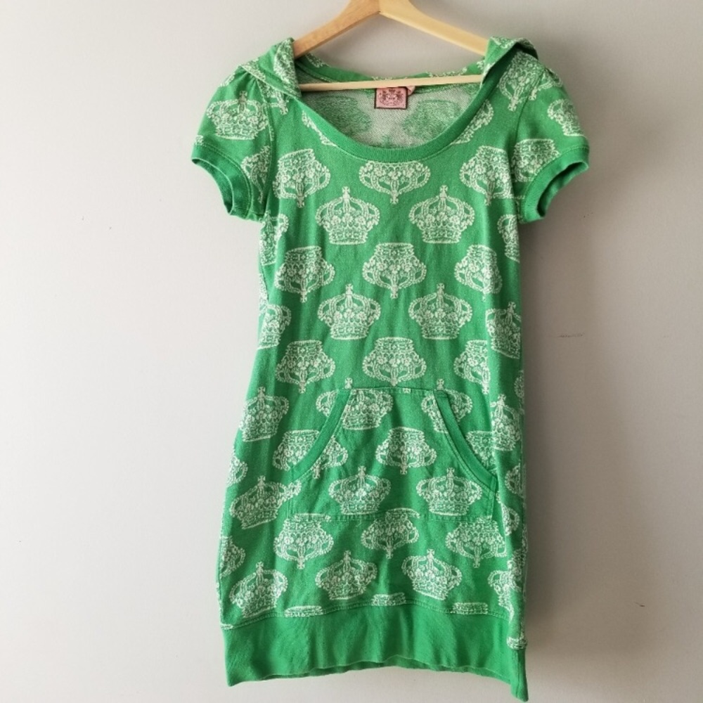 RARE JUICY COUTURE Green Crown Patterned Hoodie Dress